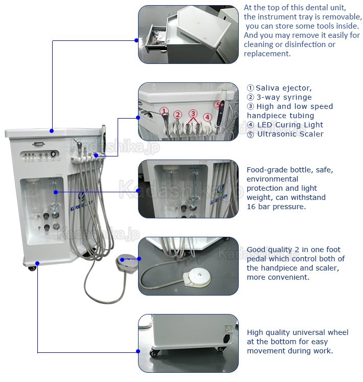 Greeloy® GU-P212 可搬式歯科用ユニット 診療用トレーテーブル(コンプレッサー付)
